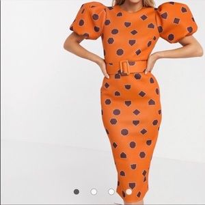 puff sleeve geometric print belted midi dress